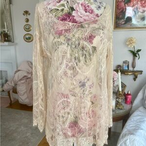 Bonnie Strauss cream Floral Lace Tunic Top L long sleeve